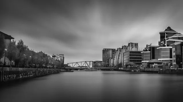 city, salford quays, skyline, the quays, manchester, media city, bridge, architecture, landmark, salford, quays, urban, buildings, docklands, design, england, cityscape, uk, black and white, long exposure, tourism, manchester, manchester, manchester, manchester, manchester. Manchester podcast SEO: place plus topic keywords for local shows