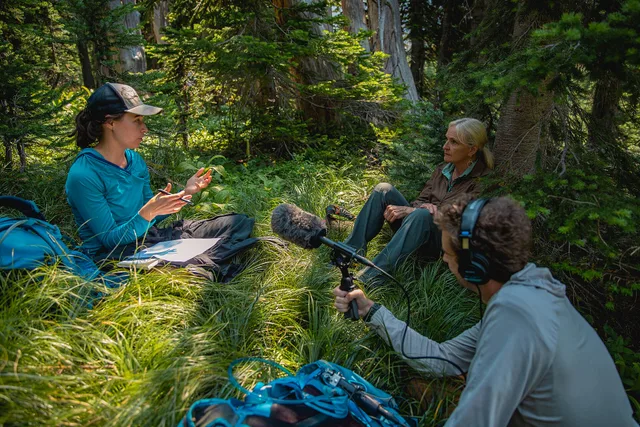 Three people talk while siting in a forest. One person holds a microphone and wears headphones. Dr. Diana Six Peri Sasnett. Why a clear podcast SEO disclosure policy protects your show