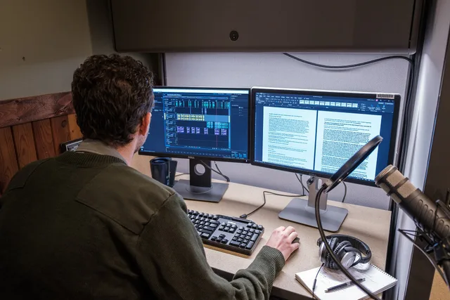 Headwaters Podcast host Andrew Smith at a computer, using audio-editing software to make the show. How to build a podcast SEO market entry checklist that holds up