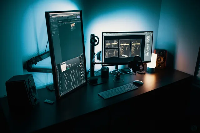 desktop, computer, work space, technology, monitors, screens, speakers, audio technology, illuminated, computer, computer, computer, computer, computer. A ninety-day podcast SEO plan for show discovery