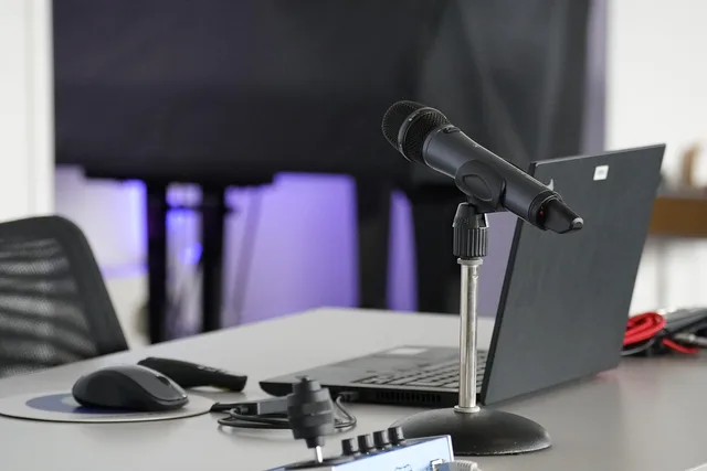 laptop, conference table, mouse, work, business, online, remote, microphone, podcast, podcast, podcast, podcast, podcast, podcast. Podcast SEO: Set Evaluation Criteria Before Demos