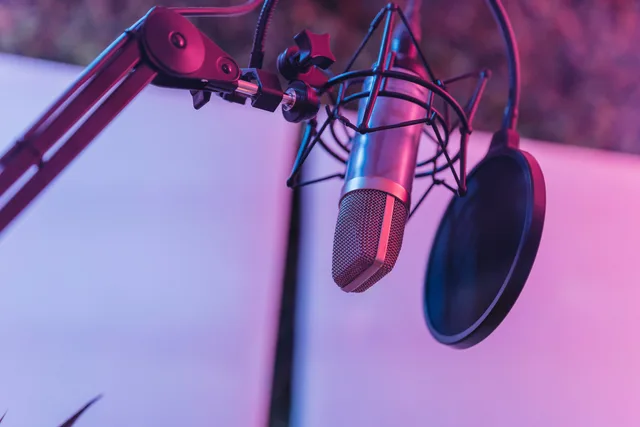 A close-up view of a microphone in a vibrant studio environment, ideal for podcasts and voice recording. How to vet podcast SEO survey data before you buy