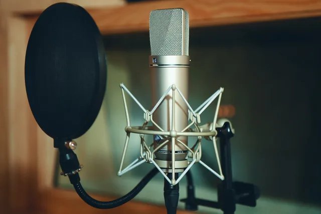 Close-up of a studio microphone with pop filter, perfect for recording. Podcast SEO: Write Show Notes for UK Search